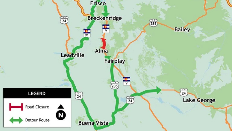 CO Highway 9 Closed North of Alma for Bridge Construction