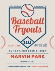 Colorado Lookouts Baseball Tryouts this Sunday for 11 & under