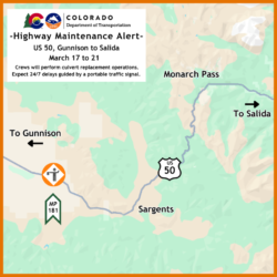 Motorists traveling US 50 between Gunnison and Salida can expect brief delays next week