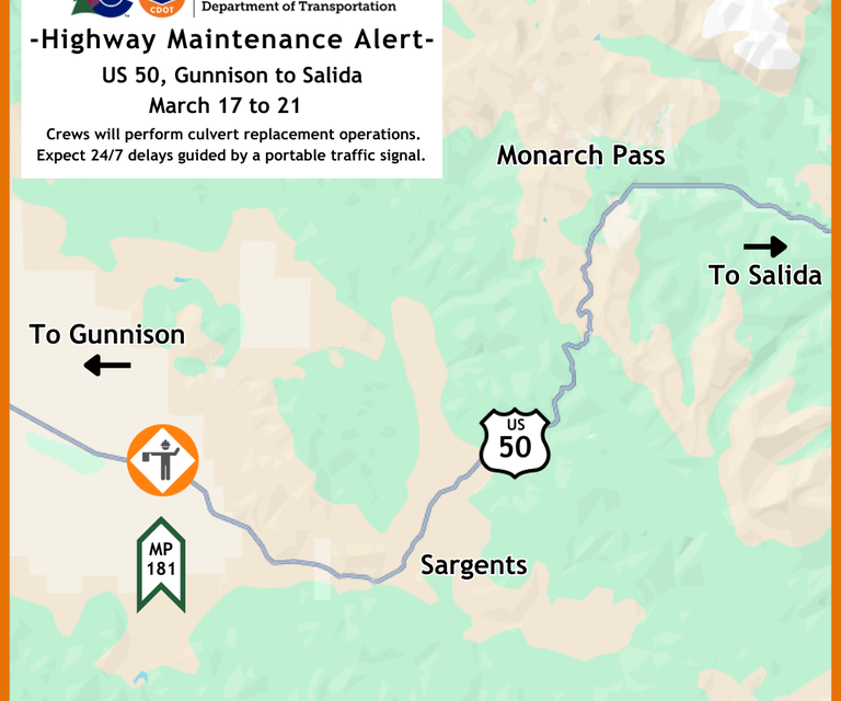 Motorists traveling US 50 between Gunnison and Salida can expect brief delays next week