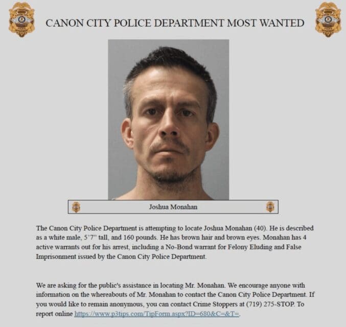 Cañon City Police Seek Public’s Help Locating Joshua Monahan